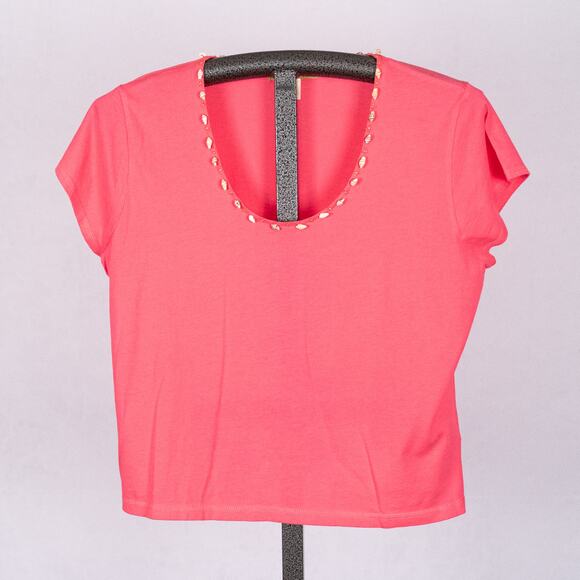 Sigrid Olsen Cotton Knit Top T-Shirt PETITE LARGE Pink Beaded Shell Accent Artsy - Picture 1 of 5